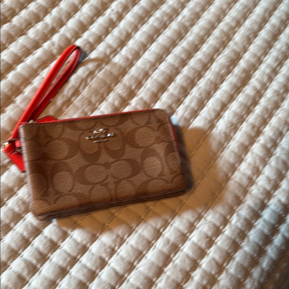 Coach Tan and Red Signature Wristlet